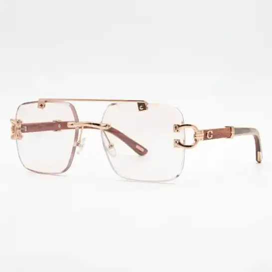 Rimless Rose Gold Glasses with Wood Grain Arms | Nigah