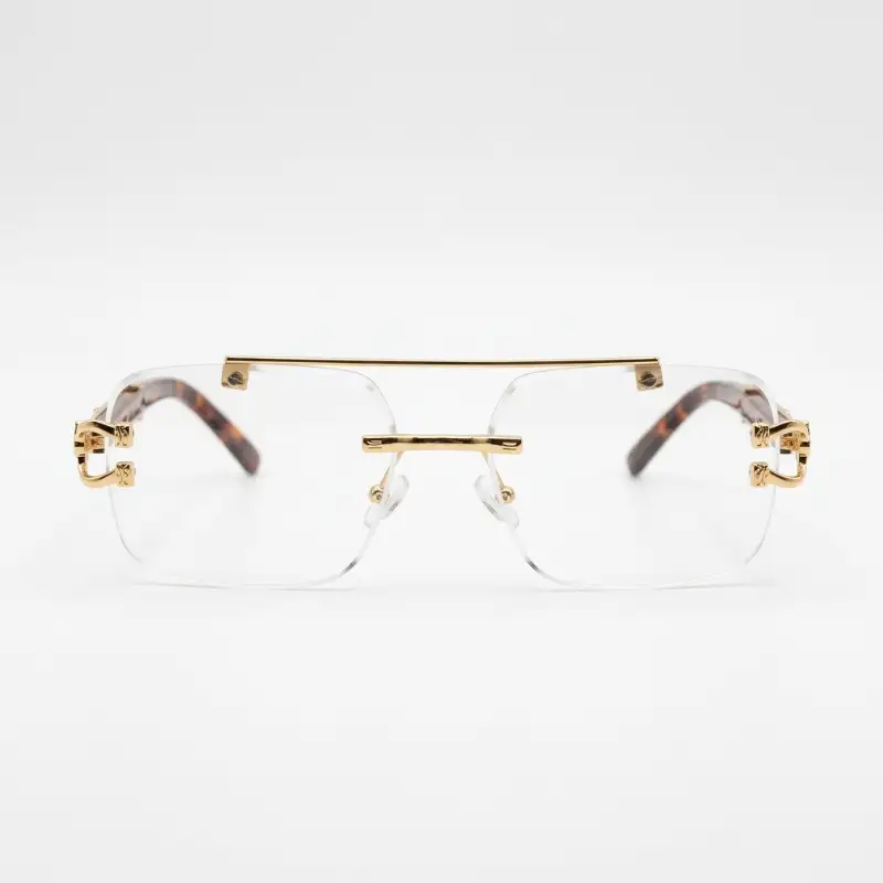 Rimless Gold Sunglasses with Wood Grain Arms | Nigah