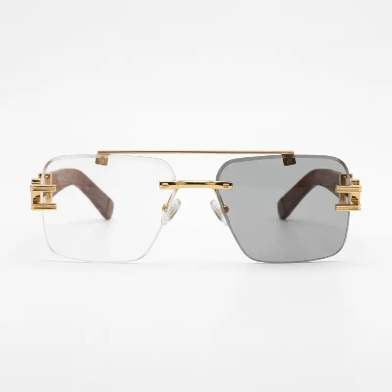 Rimless Gold Photochromic Glasses with Wood Arms | Nigah