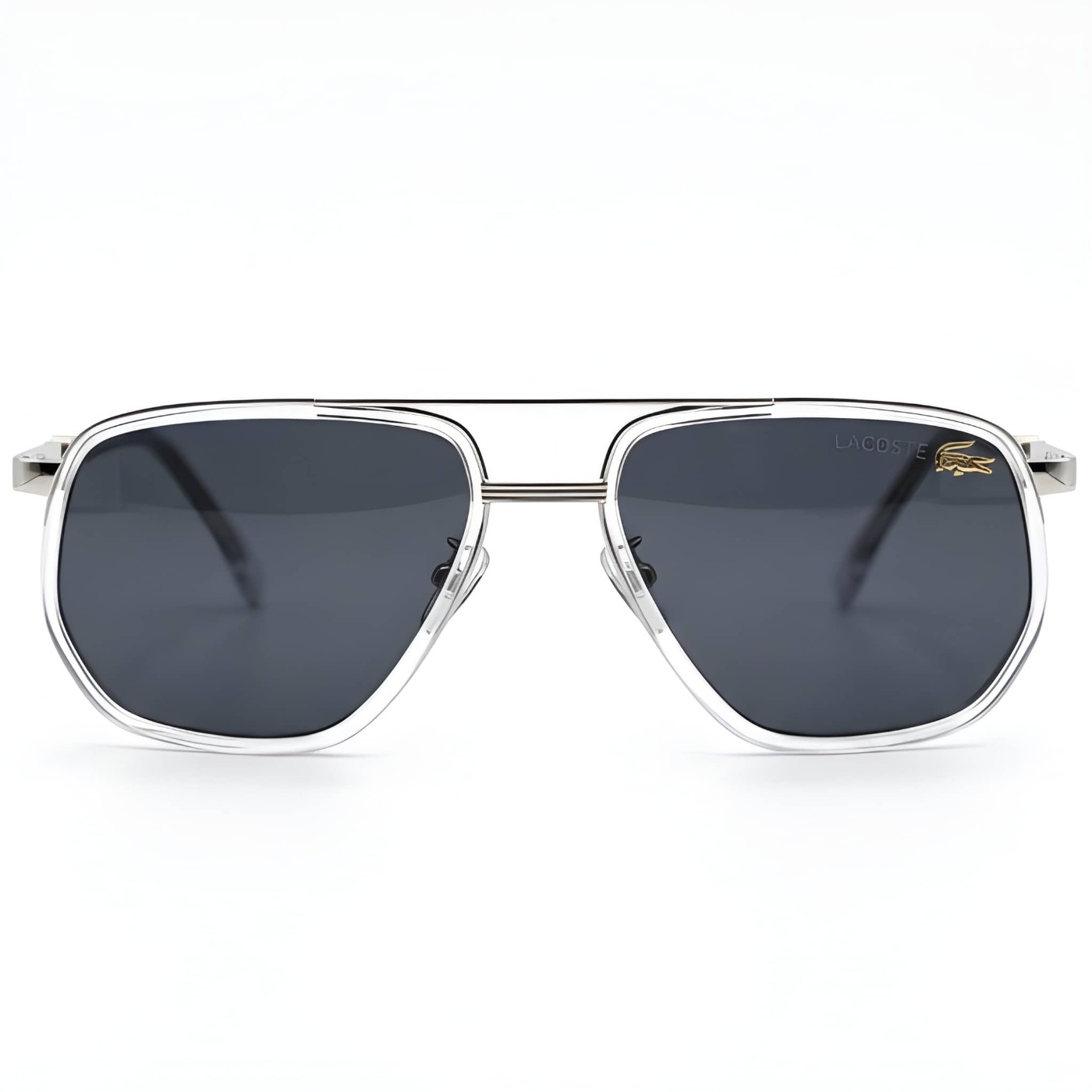 Square Aviator Sunglasses Clear Frame Dark Grey Lens